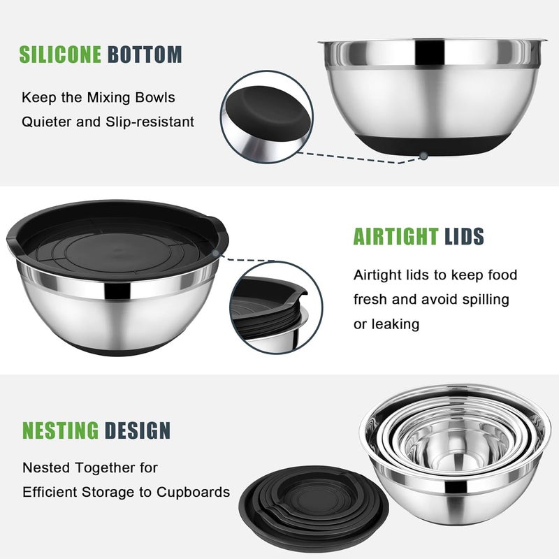 P&P CHEF Mixing Bowl with Lid Set, 5 Piece Stainless Steel Mixing Nesting Bowls for Salad Storage, 3 Grater Attachments & Non-Slip Bottoms, Size 1/1.5/2 / 2.6/4.6 QT, Black - Image 5